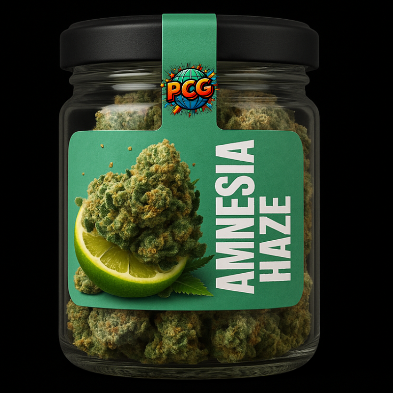 Premium Amnesia Haze CBD flower in a jar, showcasing dense and resinous buds.